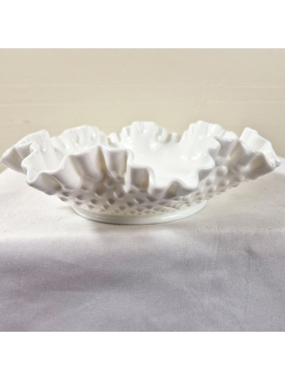 Fenton White Hobnail Milk Glass Crimped Edge Bowl 7" Diameter 2" Height